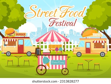 Street Food Festival Event Vektor Illustration mit Menschen und Foods Trucks im Sommer Outdoor City Park in flachen Cartoon handgezeichnet Vorlagen