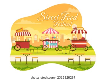 Street Food Festival Event Vector Illustration with People and Foods Trucks in Summer Outdoor City Park in Flat Cartoon Hand Drawn Templates