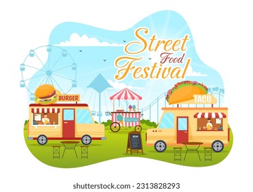 Street Food Festival Event Vector Illustration with People and Foods Trucks in Summer Outdoor City Park in Flat Cartoon Hand Drawn Templates