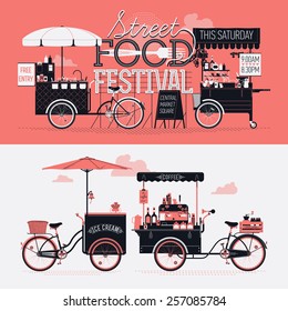 Street food festival event vector graphic poster, flyer or horizontal banner design elements with retro looking detailed vending portable carts selling coffee, hot dogs and ice cream