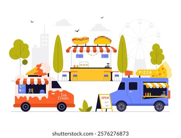 Street Food Festival Event Vector Illustration featuring People and Food Trucks in a Summer Outdoor City Park Marketplace with a Flat Style Background