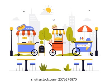 Street Food Festival Event Vector Illustration featuring People and Food Trucks in a Summer Outdoor City Park Marketplace with a Flat Style Background