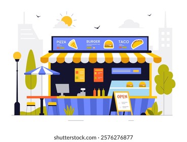 Street Food Festival Event Vector Illustration featuring People and Food Trucks in a Summer Outdoor City Park Marketplace with a Flat Style Background