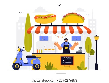 Street Food Festival Event Vector Illustration featuring People and Food Trucks in a Summer Outdoor City Park Marketplace with a Flat Style Background