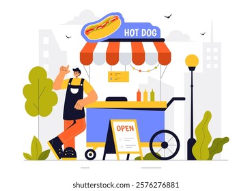 Street Food Festival Event Vector Illustration featuring People and Food Trucks in a Summer Outdoor City Park Marketplace with a Flat Style Background