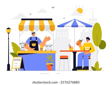 Street Food Festival Event Vector Illustration featuring People and Food Trucks in a Summer Outdoor City Park Marketplace with a Flat Style Background