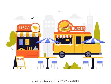 Street Food Festival Event Vector Illustration featuring People and Food Trucks in a Summer Outdoor City Park Marketplace with a Flat Style Background