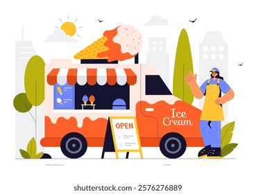 Street Food Festival Event Vector Illustration featuring People and Food Trucks in a Summer Outdoor City Park Marketplace with a Flat Style Background