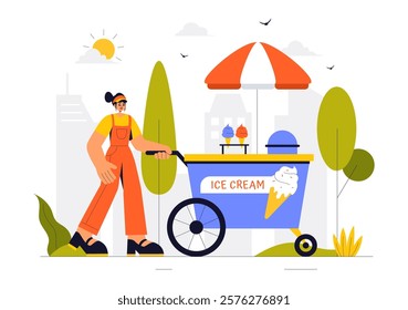 Street Food Festival Event Vector Illustration featuring People and Food Trucks in a Summer Outdoor City Park Marketplace with a Flat Style Background