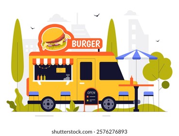 Street Food Festival Event Vector Illustration featuring People and Food Trucks in a Summer Outdoor City Park Marketplace with a Flat Style Background