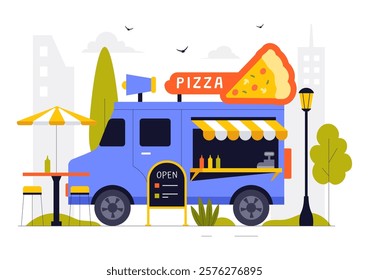 Street Food Festival Event Vector Illustration featuring People and Food Trucks in a Summer Outdoor City Park Marketplace with a Flat Style Background