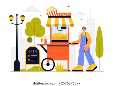 Street Food Festival Event Vector Illustration featuring People and Food Trucks in a Summer Outdoor City Park Marketplace with a Flat Style Background