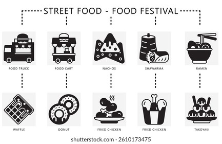 Street food festival glyph icons set, contain food truck, cart, waffle, donut, nachos, shawarma, fried chicken, ramen, takoyaki. Vector for UI, UX kit, digital or print. web and app development