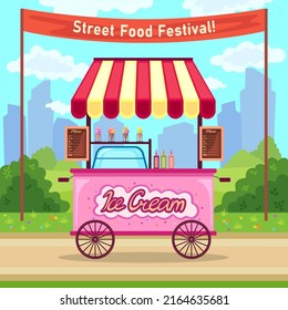 Street food festival. Ice-cream truck in the park with menu, grass, bushes, meadow, city silhouette, sky, clouds. Summer illustration. Suit for poster, banner.