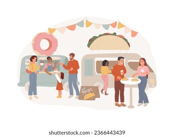 Street food festival isolated concept vector illustration. Food truck service, local food event, outdoor activity, chef prepare meals, international menu, art and music vector concept.