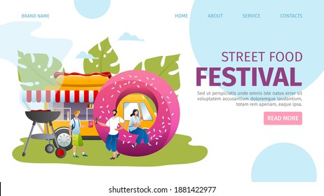 Street food festival landing page, vector illustration. Cafe service, outdoor business truck at website concept. People near bright van cart with cartoon meal, family fair at park background.