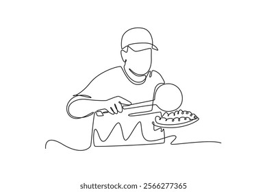 Street food festival. Market concept. Single line draw design vector graphic illustration.	