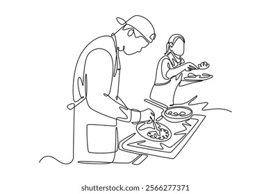 Street food festival. Market concept. Single line draw design vector graphic illustration.	