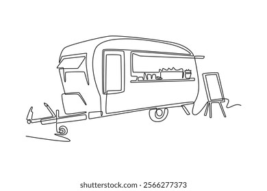 Street food festival. Market concept. Single line draw design vector graphic illustration.	