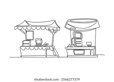 Street food festival. Market concept. Single line draw design vector graphic illustration.	