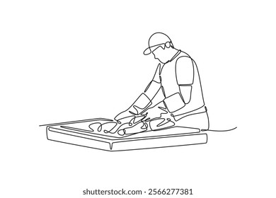 Street food festival. Market concept. Single line draw design vector graphic illustration.	