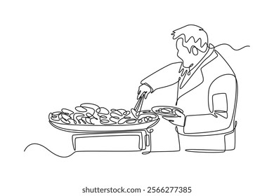 Street food festival. Market concept. Single line draw design vector graphic illustration.	