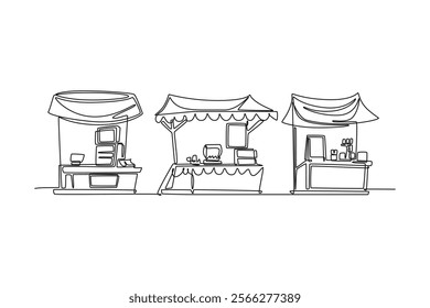 Street food festival. Market concept. Single line draw design vector graphic illustration.	