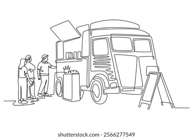 Street food festival. Market concept. Single line draw design vector graphic illustration.	