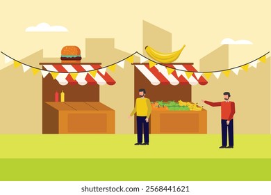 Street food festival. Market concept. Colored flat vector illustration isolated.