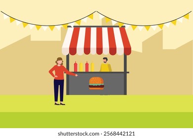 Street food festival. Market concept. Colored flat vector illustration isolated.