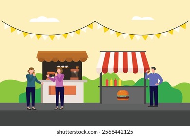 Street food festival. Market concept. Colored flat vector illustration isolated.