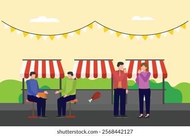 Street food festival. Market concept. Colored flat vector illustration isolated.