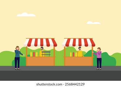 Street food festival. Market concept. Colored flat vector illustration isolated.