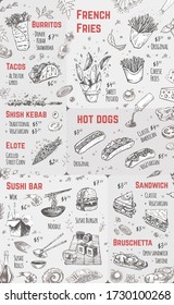 Street food festival menu design vector illustration for hipster market. Hand drawn sketch of american, mexican and asian meal at vintage brochure with prices for doner kebab, fries, sandwich and taco