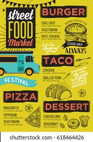 Street food festival menu. Design template with hand-drawn graphic elements in doodle style.