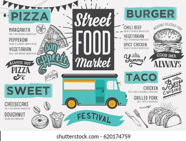 Street food festival menu. Design template with hand-drawn graphic elements in doodle style.