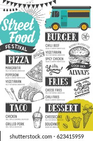 Street food festival menu. Design template with hand-drawn graphic elements in doodle style.