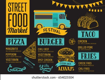 Street food festival menu. Design template with hand-drawn graphic elements in doodle style.