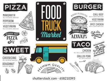 Street food festival menu. Design template with hand-drawn graphic elements in doodle style.