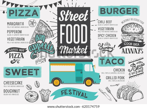 Street food festival menu.\
Design template with hand-drawn graphic elements in doodle\
style.