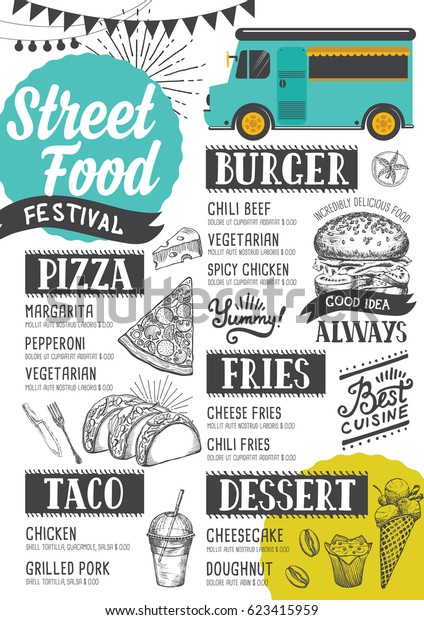 Street food festival menu.\
Design template with hand-drawn graphic elements in doodle\
style.