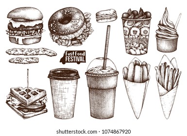 Street food festival menu. Vintage sketch collection. Fast food set. Engraved style design. Vector drink drawing. 