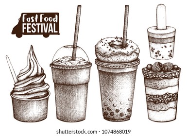 Street food festival menu. Vintage sketch collection. Fast food set. Engraved style design. Vector desserts drawing. 