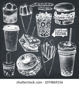 Street food festival menu. Vintage sketch collection. Fast food set. Engraved style design. Vector drink drawing on chalkboard