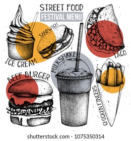 Street food festival menu. Vintage sketch collection. Fast food set. Engraved style template. Vector packaging design. 