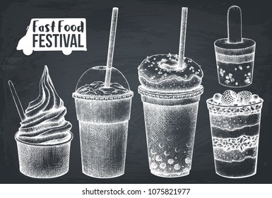 Street food festival menu. Vintage sketch collection. Fast food set. Vector desserts drawing, milkshake, cocktail, ice cream, fruits salad ans yogurt ice. Chalkboard design. 