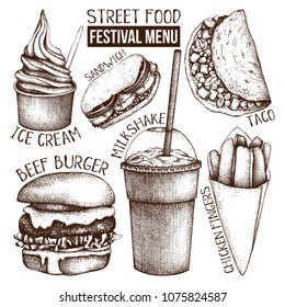 Street Food Festival Menu. Vintage Sketch Collection. Fast Food Set. Vector Ice Cream, Burger, Milkshake, Chicken Fingers, Sandwich, Tacos Drawings. Engraving Style Illustrations. 