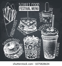 Street food festival menu. Vintage sketch collection. Fast food set on chalkboard. Vector french fries, waffle, yogurt ice, bagel, milkshake, chicken salad, doughnut drawings. 