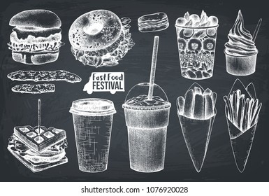 Street food festival menu. Vintage sketch collection. Fast food set. Engraved style design. Vector burger, sandwich, milkshake, salad, ice cream, fries drawing on chalkboard