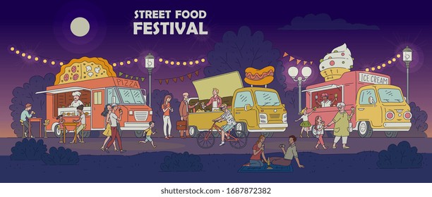 Street Food Festival Night Scene With Trucks And People Characters Vector Illustration In Sketch Cartoon. Street Markets And Fairs Eatery And Canteens Vans.